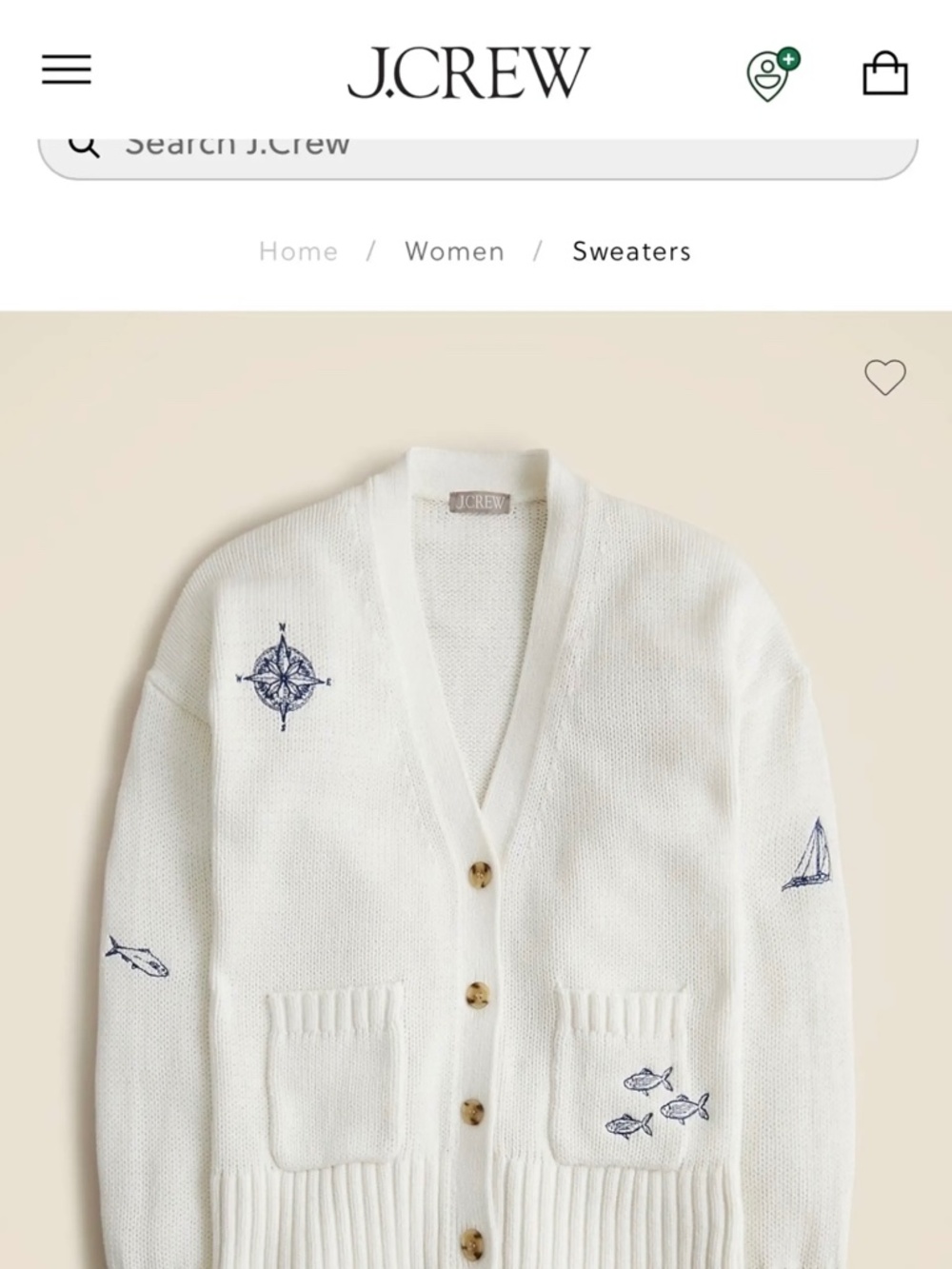 J. Crew Heritage Cotton Cardigan-Nautical Embroidery NWT